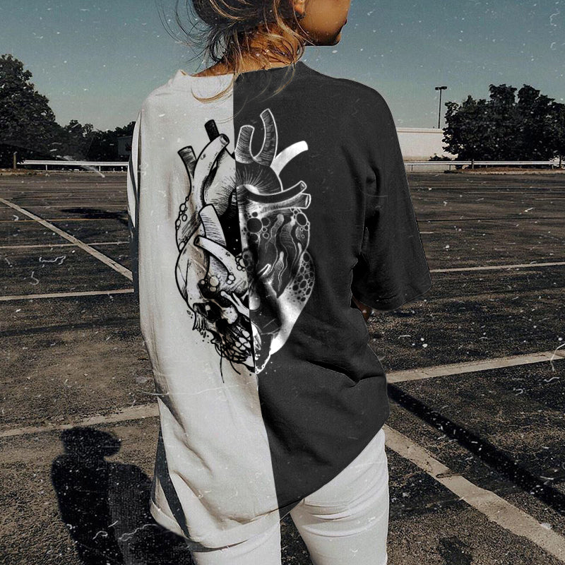 Minnieskull Black White Heart Skull Print T-Shirt - chicyea