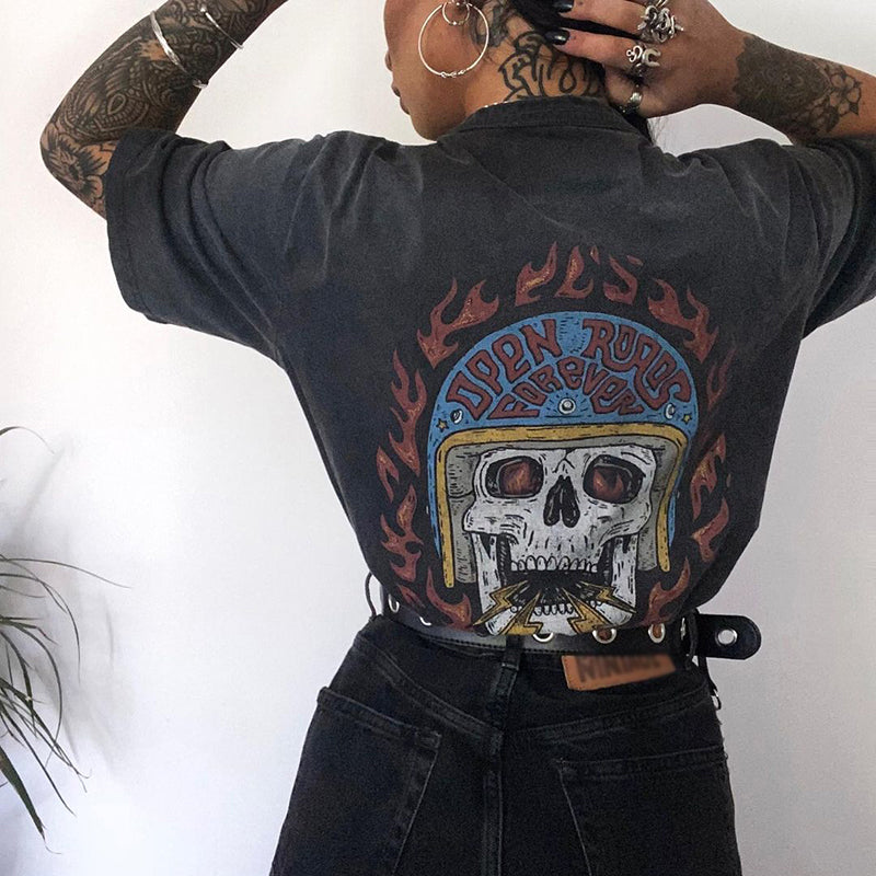 Minnieskull Cool Flame Skull Retro Print Casual T-Shirt - chicyea