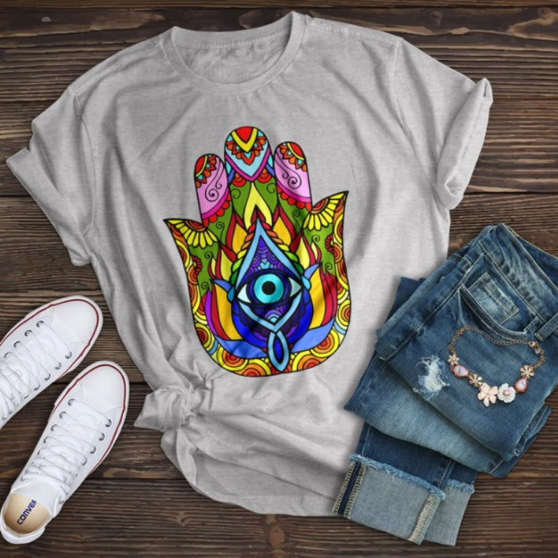 Neojana Weird Eye And Floral Printed Short Sleeve Graphic Tees - chicyea