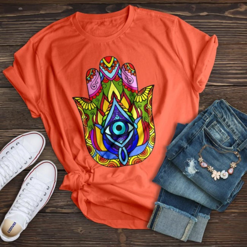 Neojana Weird Eye And Floral Printed Short Sleeve Graphic Tees - chicyea