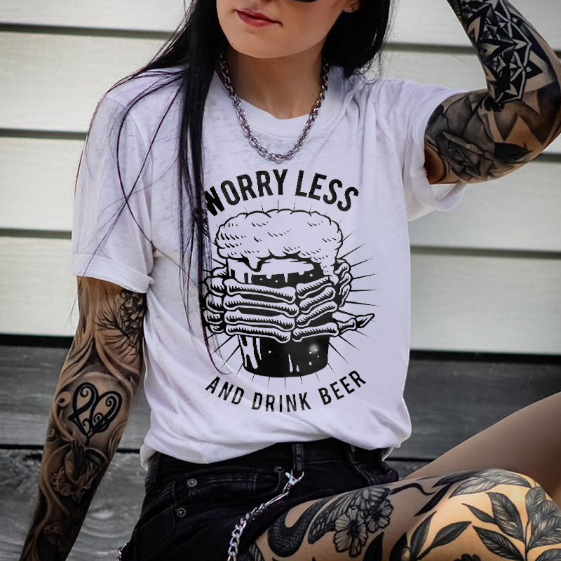 Minnieskull Drink Beer Letter Print Women Tshirts - chicyea