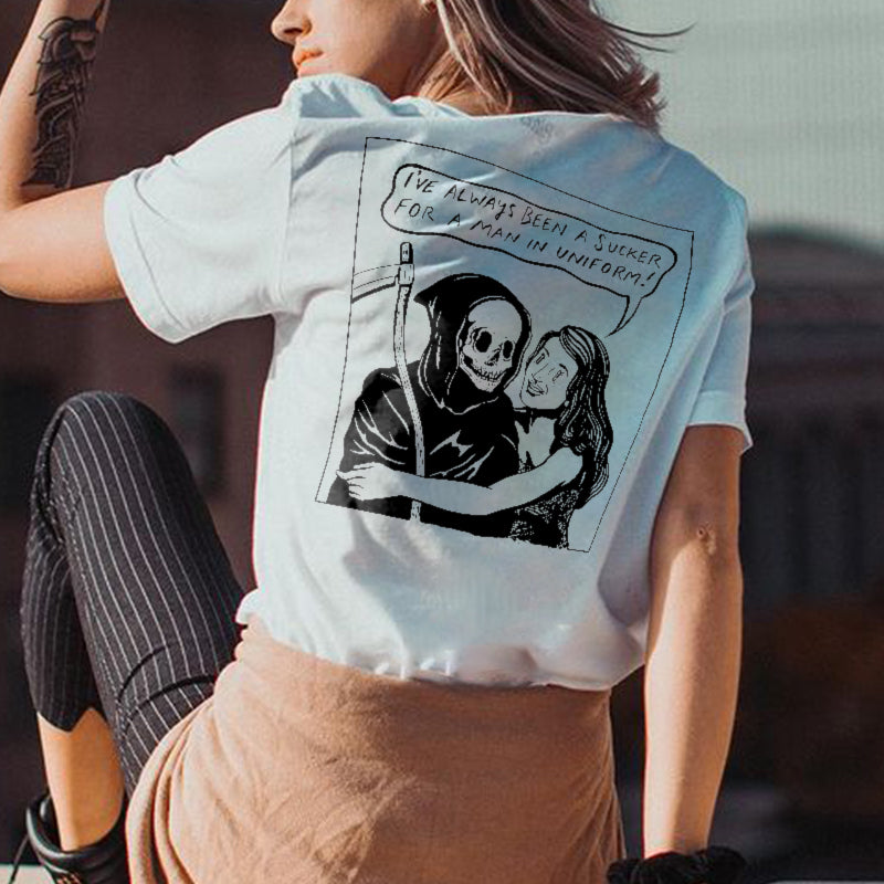 Minnieskull A Man In Uniform Skull Graphic Women Casual Tees - chicyea
