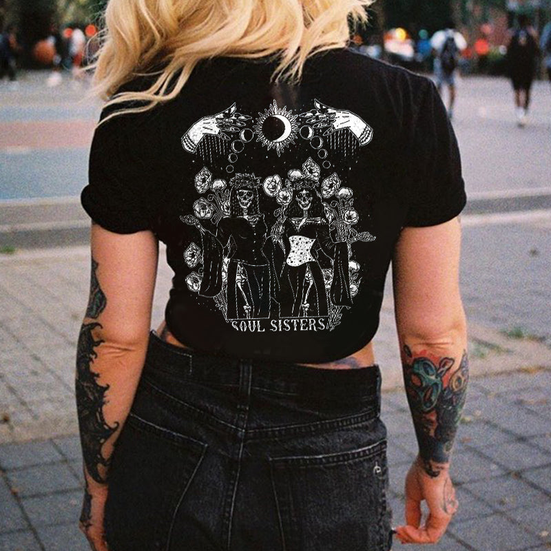 Minnieskull Soul Sisters Printed Casual T-Shirt - chicyea