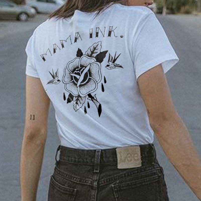 Minnieskull Mama Ink Printed White Casual T-Shirt - chicyea