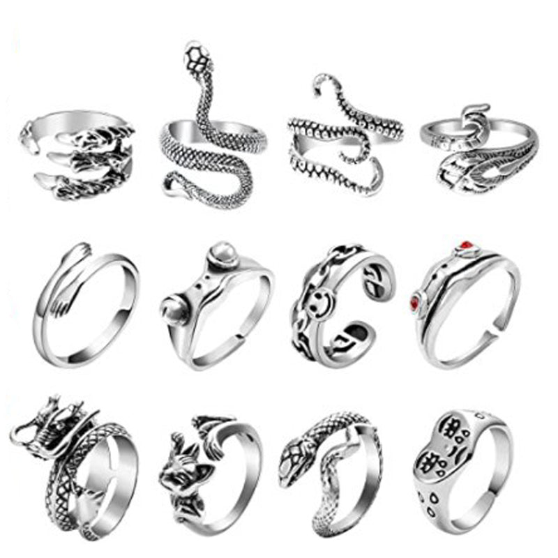 Minnieskull Punk Snake Animal Skull Open Ring Set - chicyea