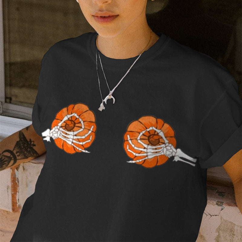 Minnieskull Funny Halloween Pumpkin Printed Women T-Shirt - chicyea