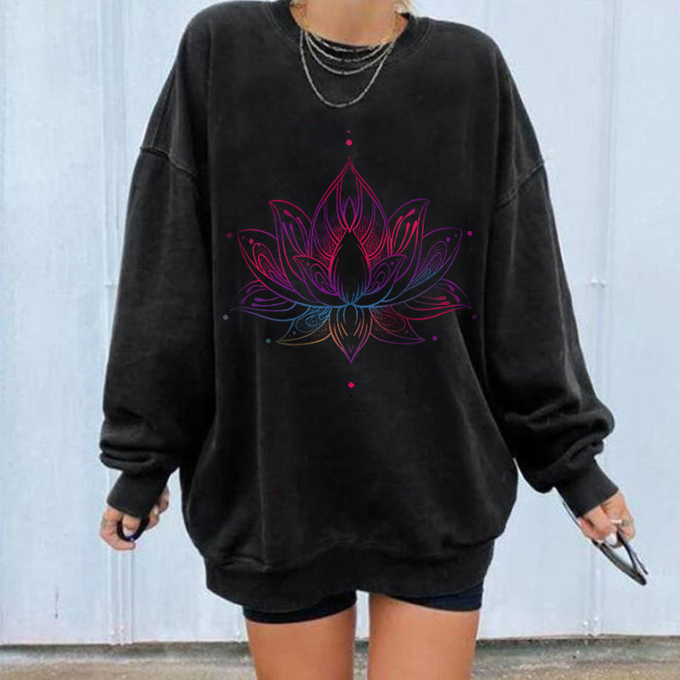 Neojana Mysterious Lotus Print Crewneck Sweatshirt - chicyea