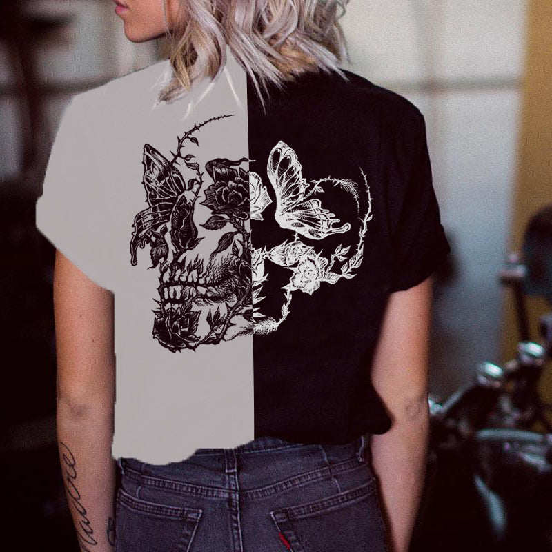Uprandy Skull Art Printed Black And White T-Shirt - chicyea
