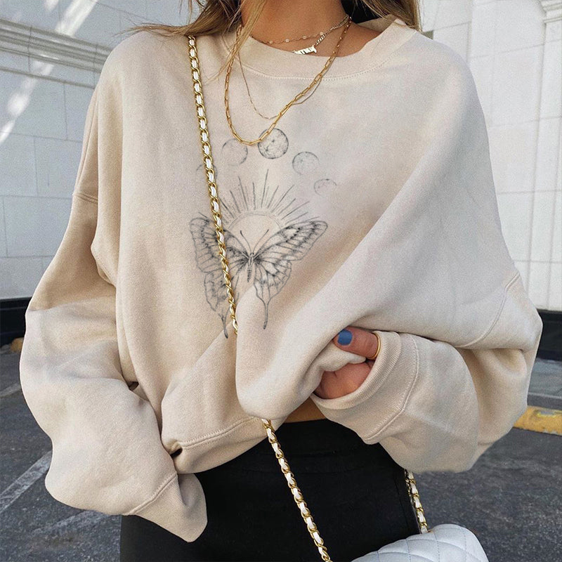 Neojana Butterfly Moon Printed White Sweatshirt - chicyea