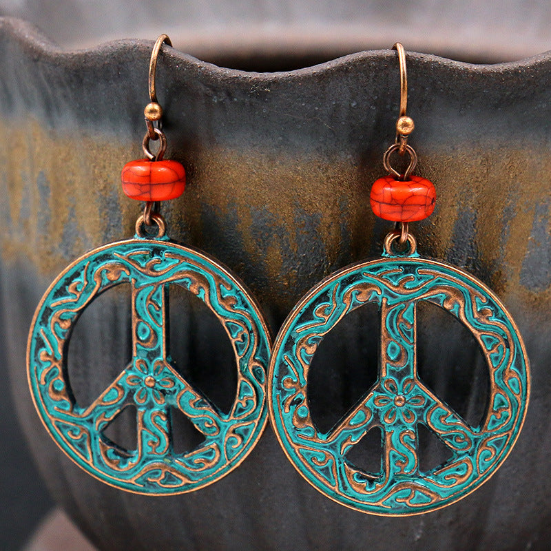 Vintage Peace Symbol Pattern Hollow Design Women Round Earrings - chicyea