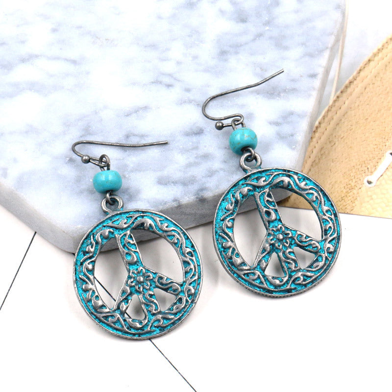 Vintage Peace Symbol Pattern Hollow Design Women Round Earrings - chicyea