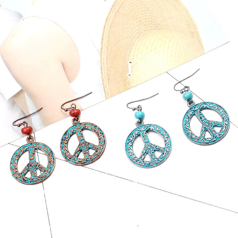Vintage Peace Symbol Pattern Hollow Design Women Round Earrings - chicyea