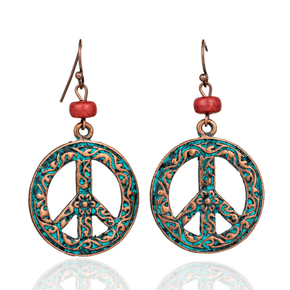 Vintage Peace Symbol Pattern Hollow Design Women Round Earrings - chicyea
