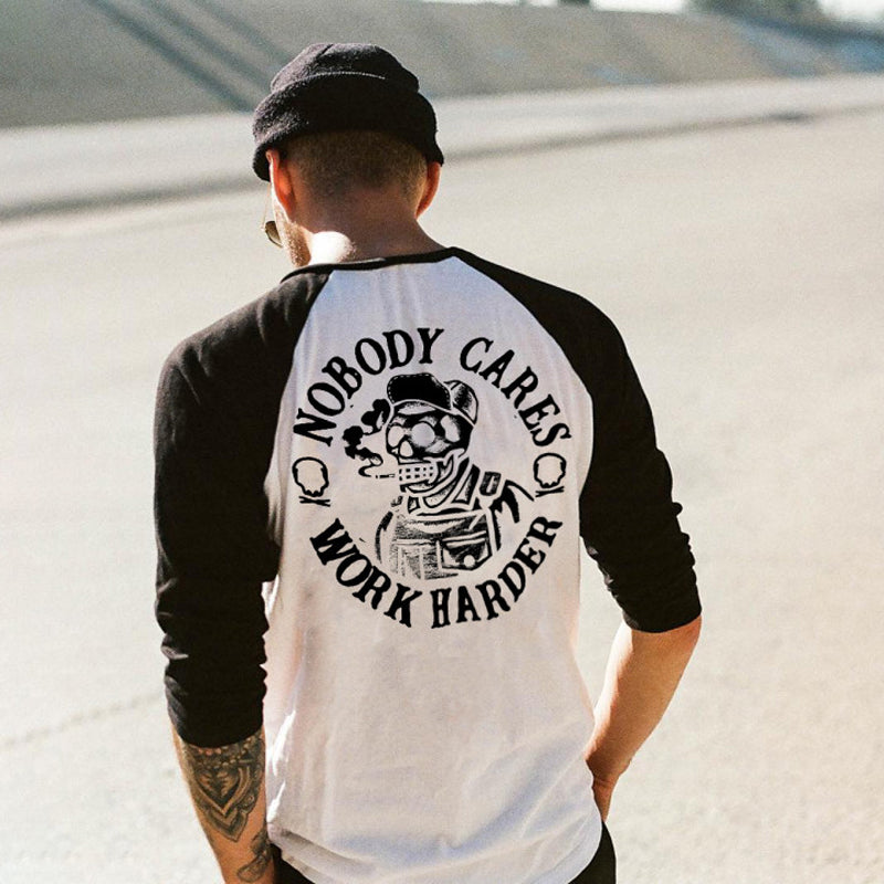Uprandy Cool Nobody Cares Work Harder Skull Printed Patchwork T-Shirt - chicyea