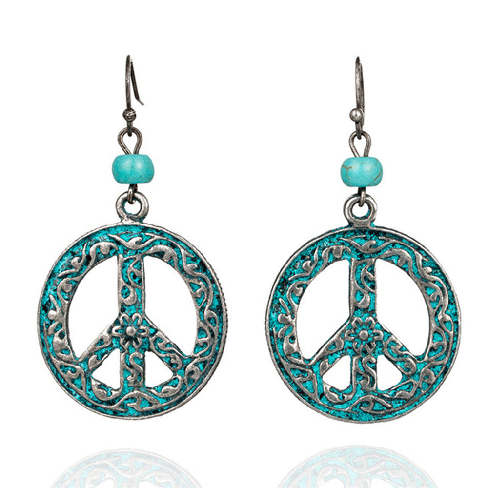 Vintage Peace Symbol Pattern Hollow Design Women Round Earrings - chicyea