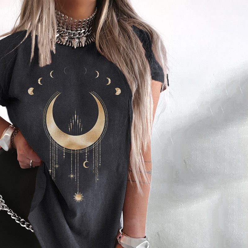 Neojana Moon Print Women Crewneck T-Shirt - chicyea
