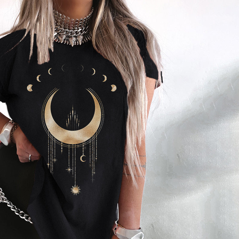 Neojana Moon Print Women Crewneck T-Shirt - chicyea