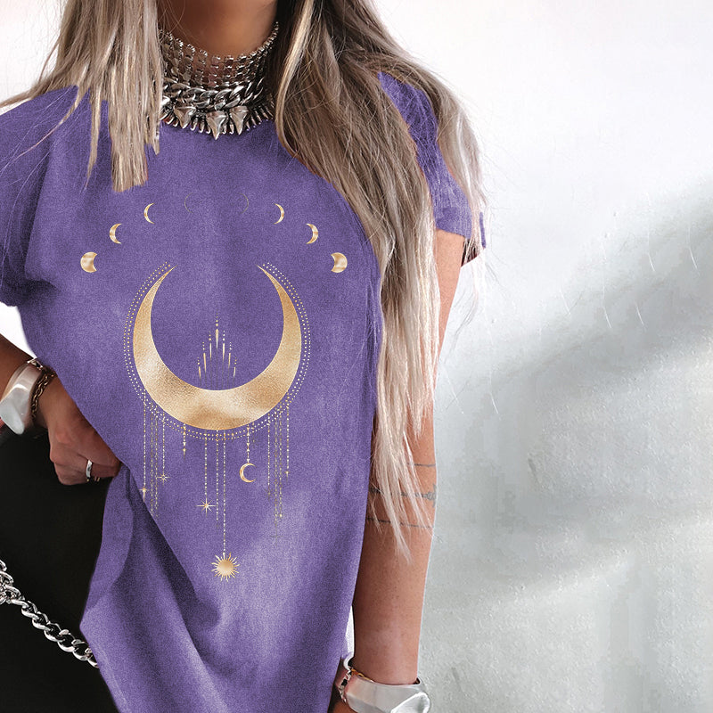 Neojana Moon Print Women Crewneck T-Shirt - chicyea