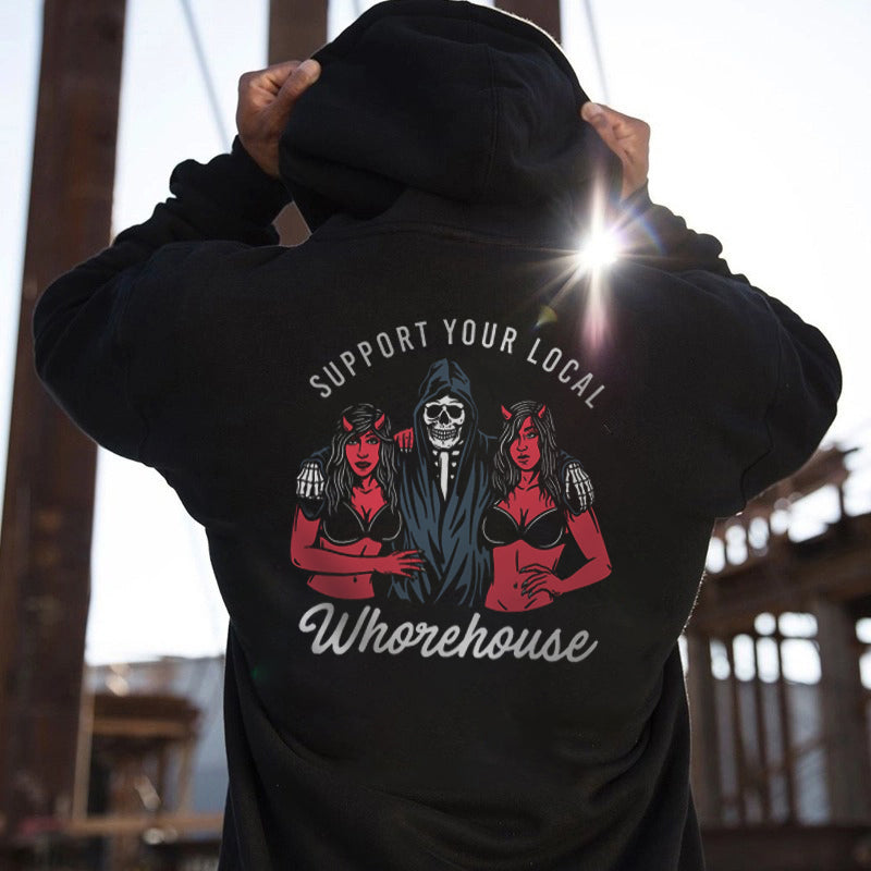 Cloeinc Skull And Sexy Lady Support Your Local Printed Reaper Hoodie - chicyea