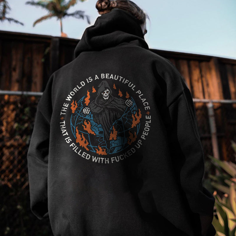 Uprandy Classic The World Is A Beautiful Place Fierce Skull Hoodie - chicyea