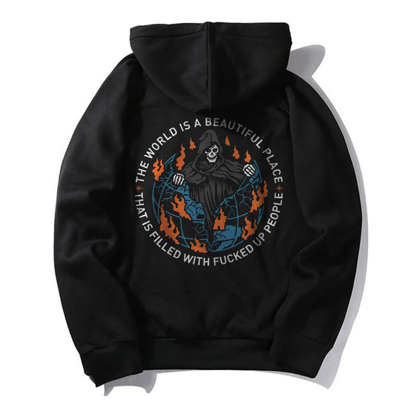 Uprandy Classic The World Is A Beautiful Place Fierce Skull Hoodie - chicyea