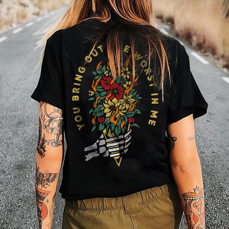 Minnieskull Art Skull Flower Graphic T Shirts - chicyea