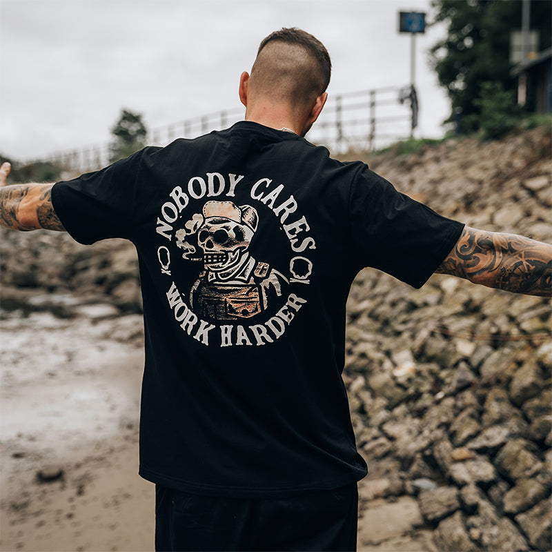 Uprandy Nobody Cares Work Harder Skull Printed Men Short Sleeve T-Shirt - chicyea