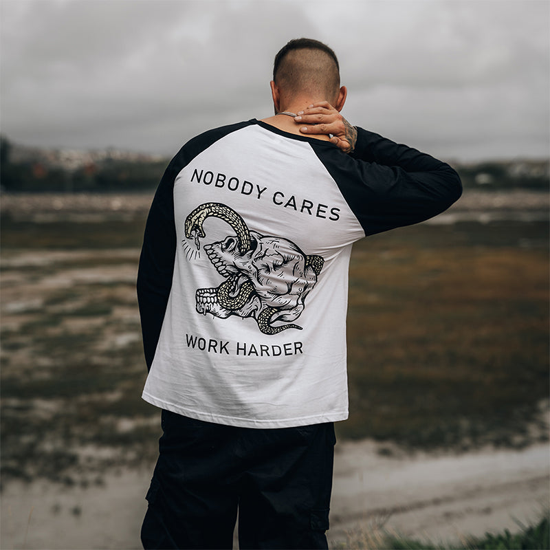 Uprandy Nobody Cares Work Harder Skull Print Long-Sleeved T-Shirt - chicyea