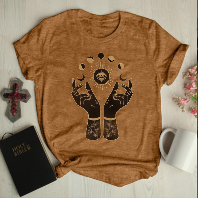 Neojana Moon Phases Evil Eye Printed Women T-Shirt - chicyea