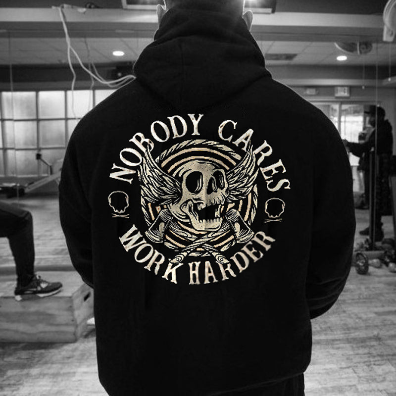 Uprandy Men Casual Nobody Cares Work Harder Skull Printed Hoodie - chicyea