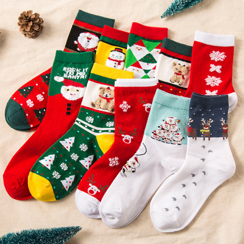 Cute Snowman Santa Claus Christmas Cartoon Print Cotton Socks - chicyea