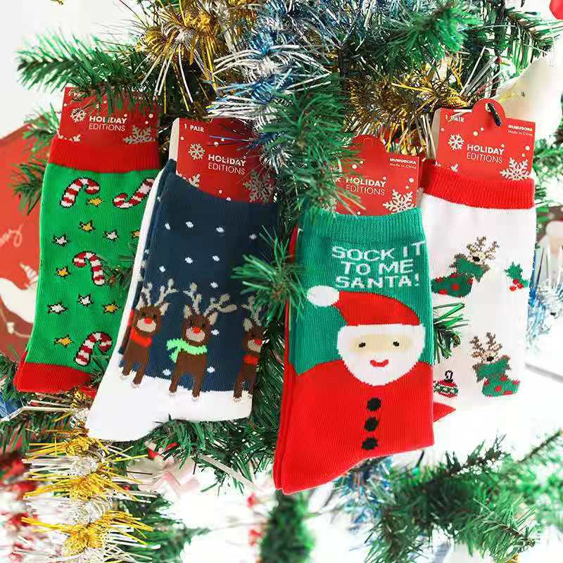 Cute Snowman Santa Claus Christmas Cartoon Print Cotton Socks - chicyea