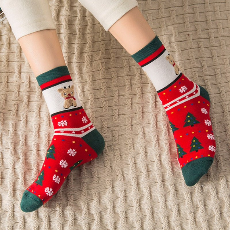 Cute Snowman Santa Claus Christmas Cartoon Print Cotton Socks - chicyea