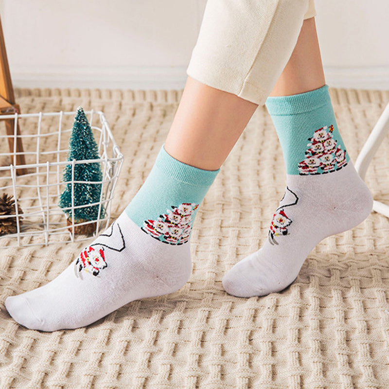 Cute Snowman Santa Claus Christmas Cartoon Print Cotton Socks - chicyea