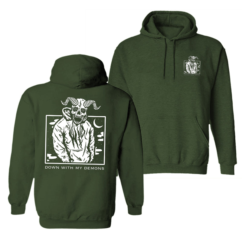 Cloeinc Men'S Horned Skull Demon Down With My Demons Print Hoodie - chicyea