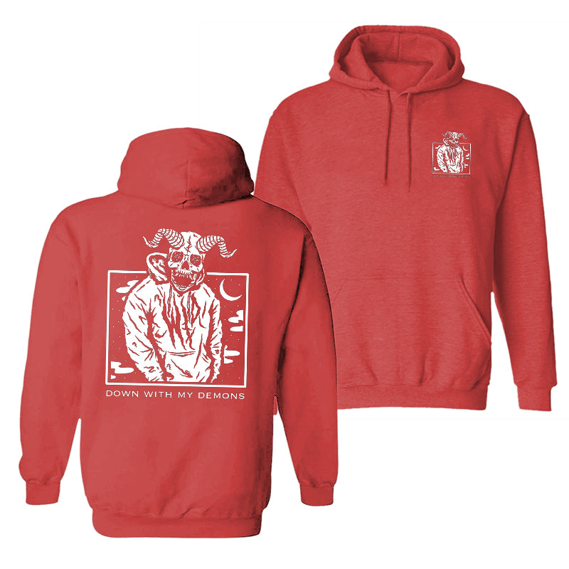 Cloeinc Men'S Horned Skull Demon Down With My Demons Print Hoodie - chicyea