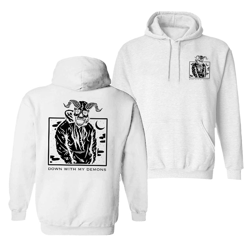 Cloeinc Men'S Horned Skull Demon Down With My Demons Print Hoodie - chicyea