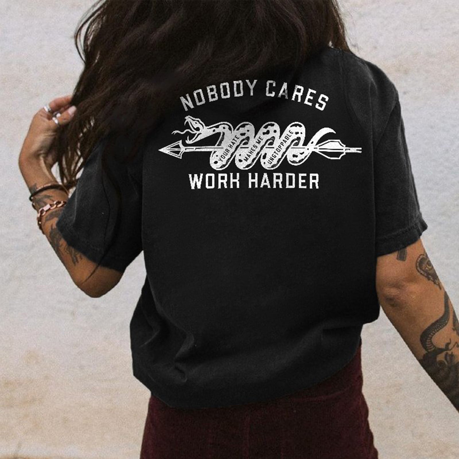 Minnieskull No Body Cares Work Harder Snake Tshirt - chicyea