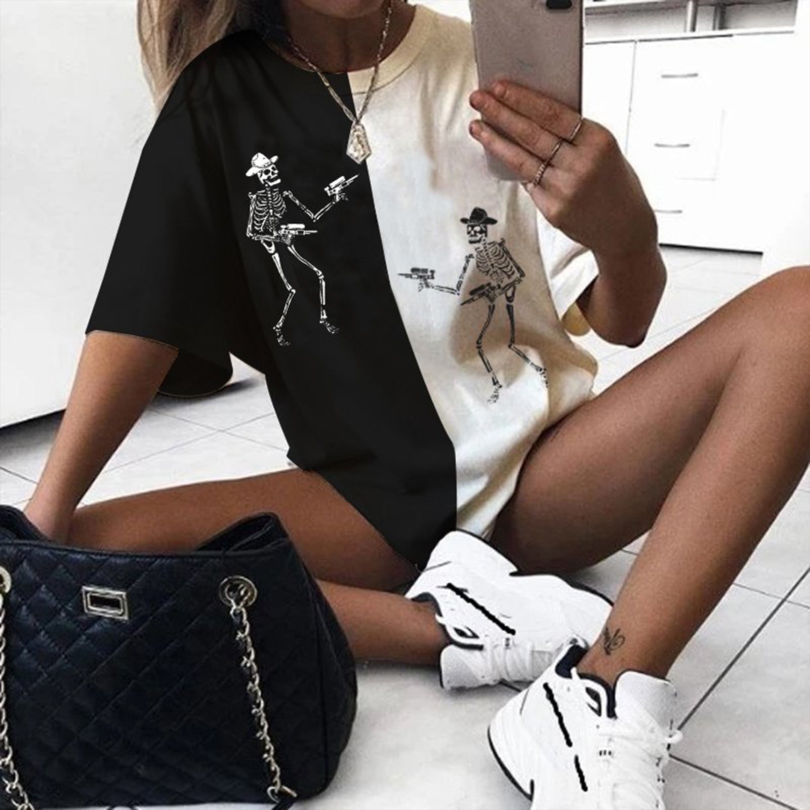 Minnieskull Skull Shootout Black And White T-Shirt - chicyea