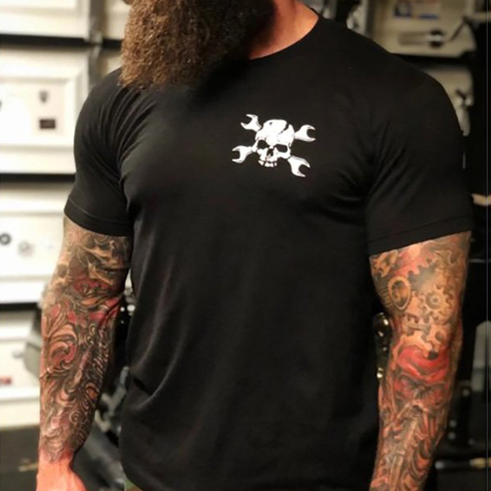 Livereid Black Skull Wrench Crewneck Printed T-Shirt - chicyea
