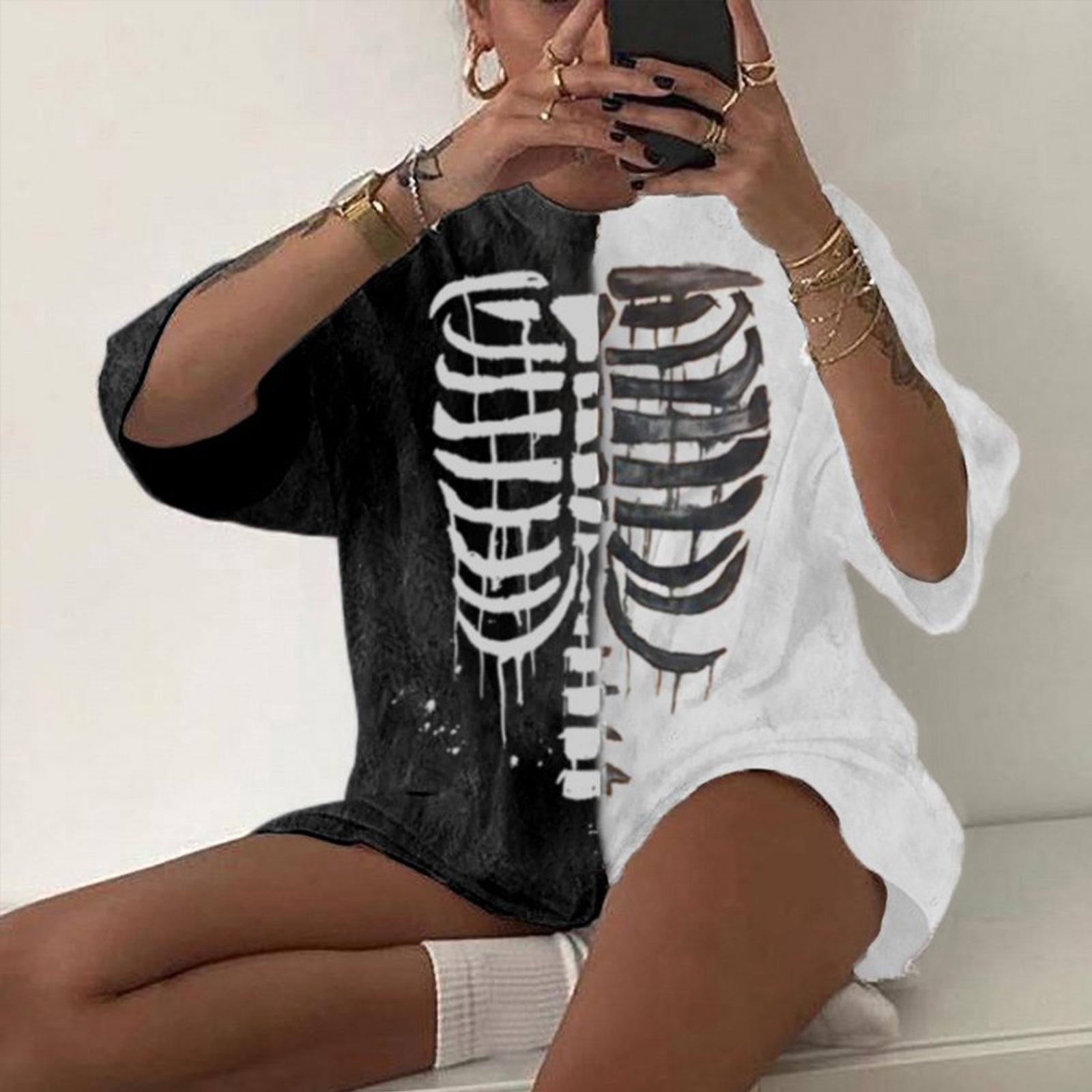 Minnieskull Black And White Skeleton Print T-Shirts - chicyea