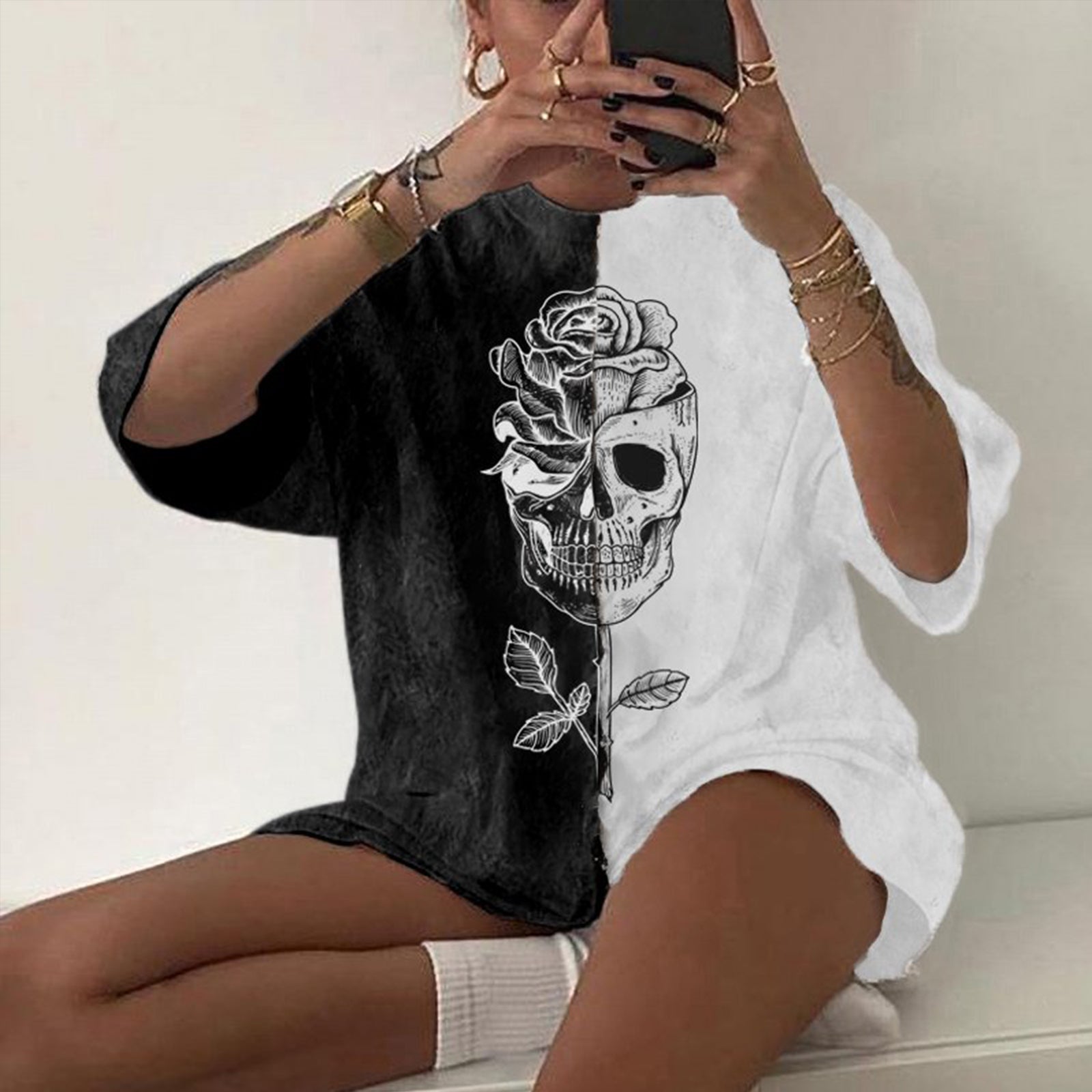 Minnieskull Rose Skull Print Black And White Tshirt - chicyea
