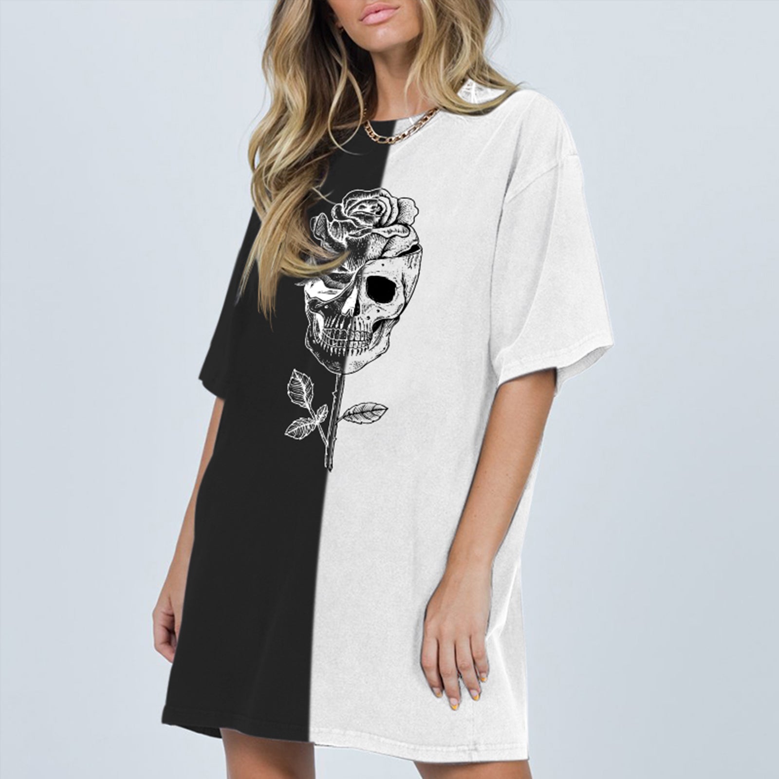 Minnieskull Rose Skull Print Black And White Tshirt - chicyea