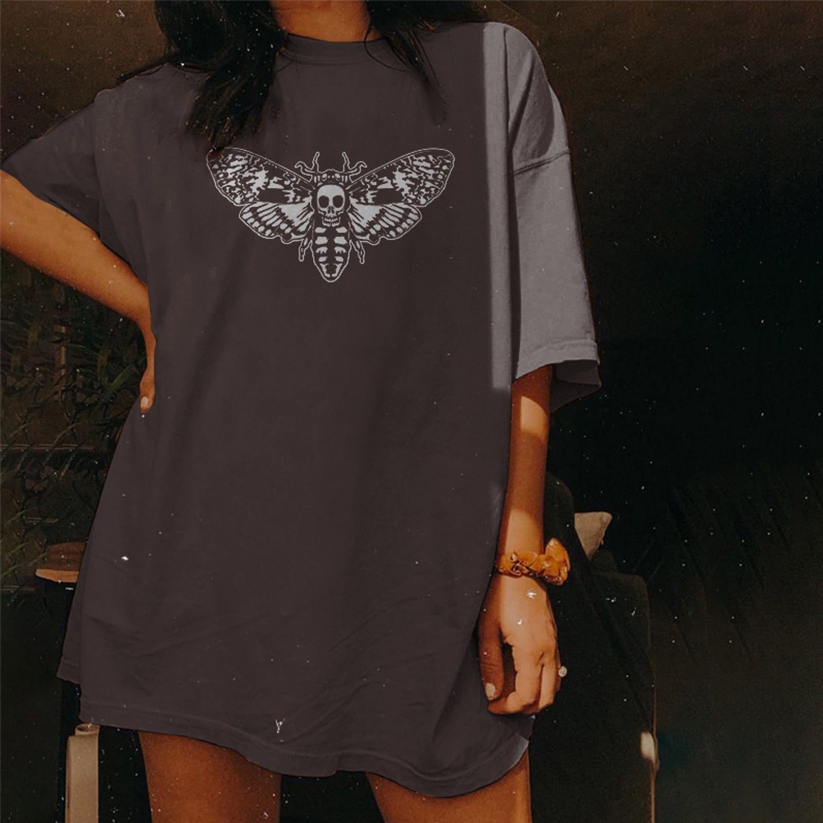 Minnieskull Skull Moth Printed Women T-Shirt - chicyea