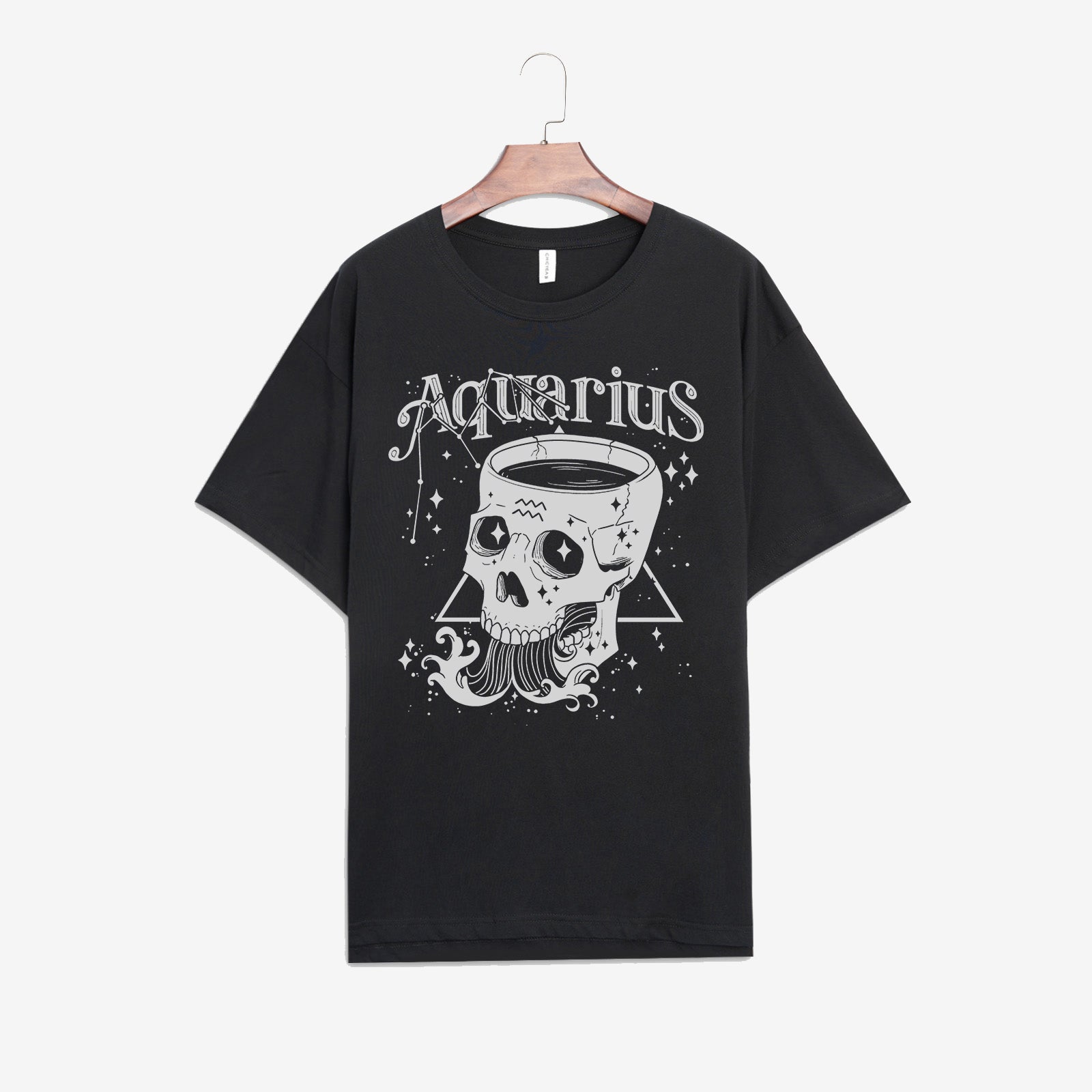 Minnieskull Black Aquarius Skull Printed Designer Oversized T-Shirt - chicyea