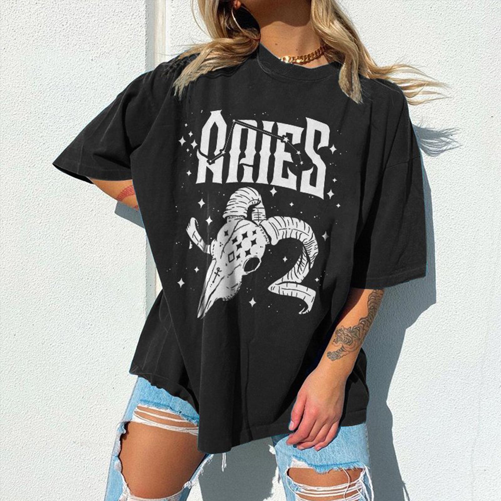 Minnieskull Aries Skull Print Comfortable T-Shirt - chicyea