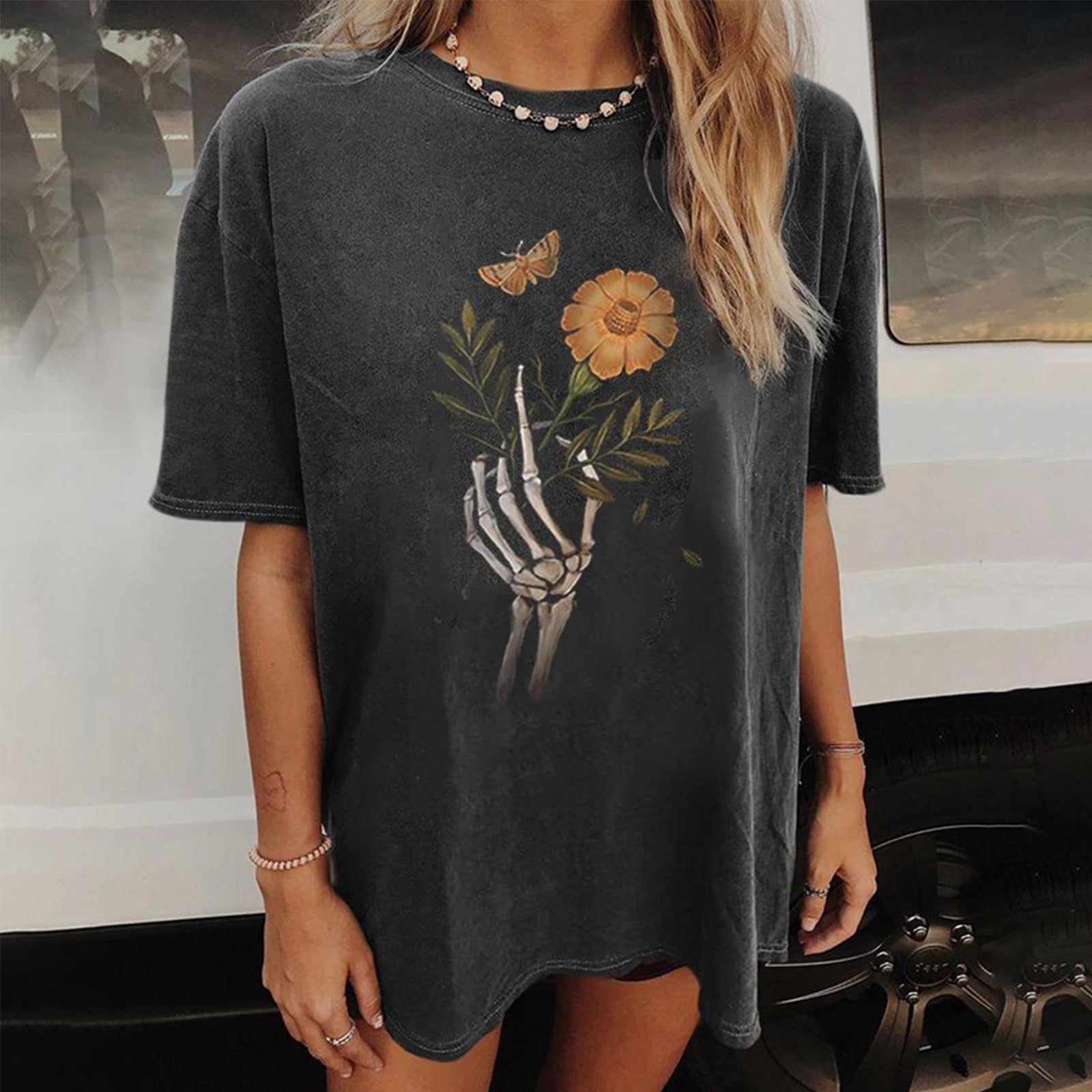 Minnieskull Designer Flower Butterfly Print Tshirt - chicyea