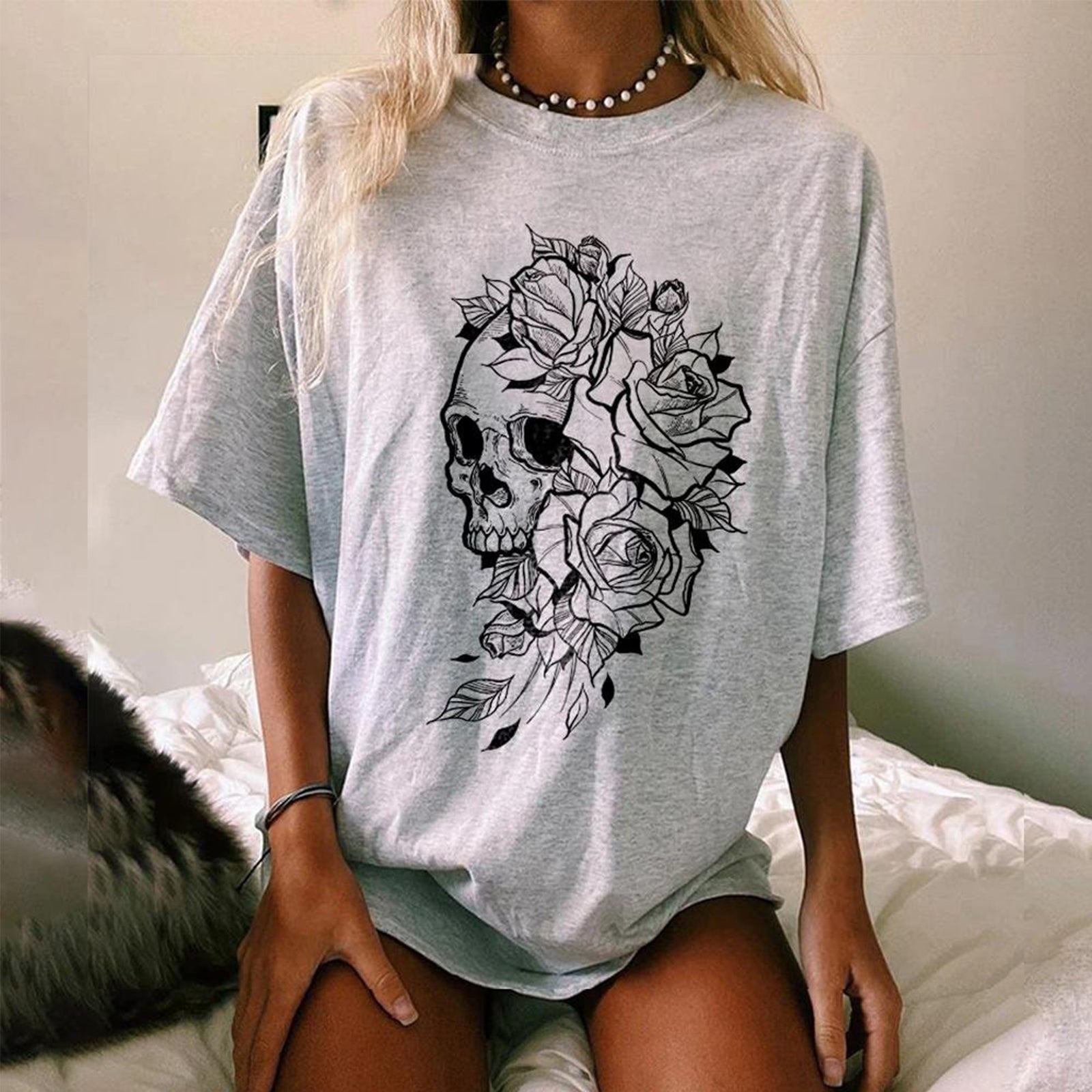 Minnieskull Skull Rose Print Casual T-Shirt - chicyea