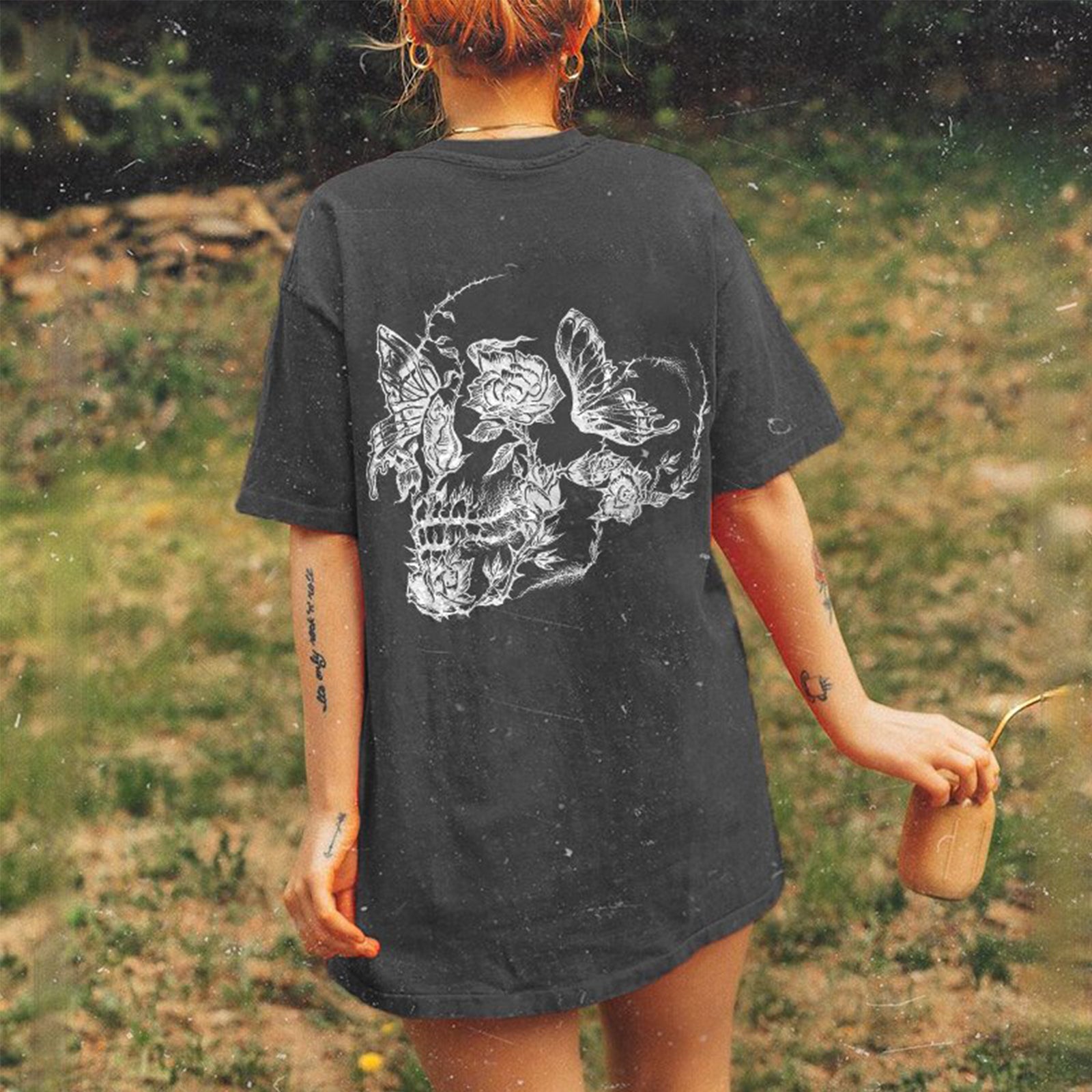 Minnieskull Flower Skull Print Women T-Shirt - chicyea
