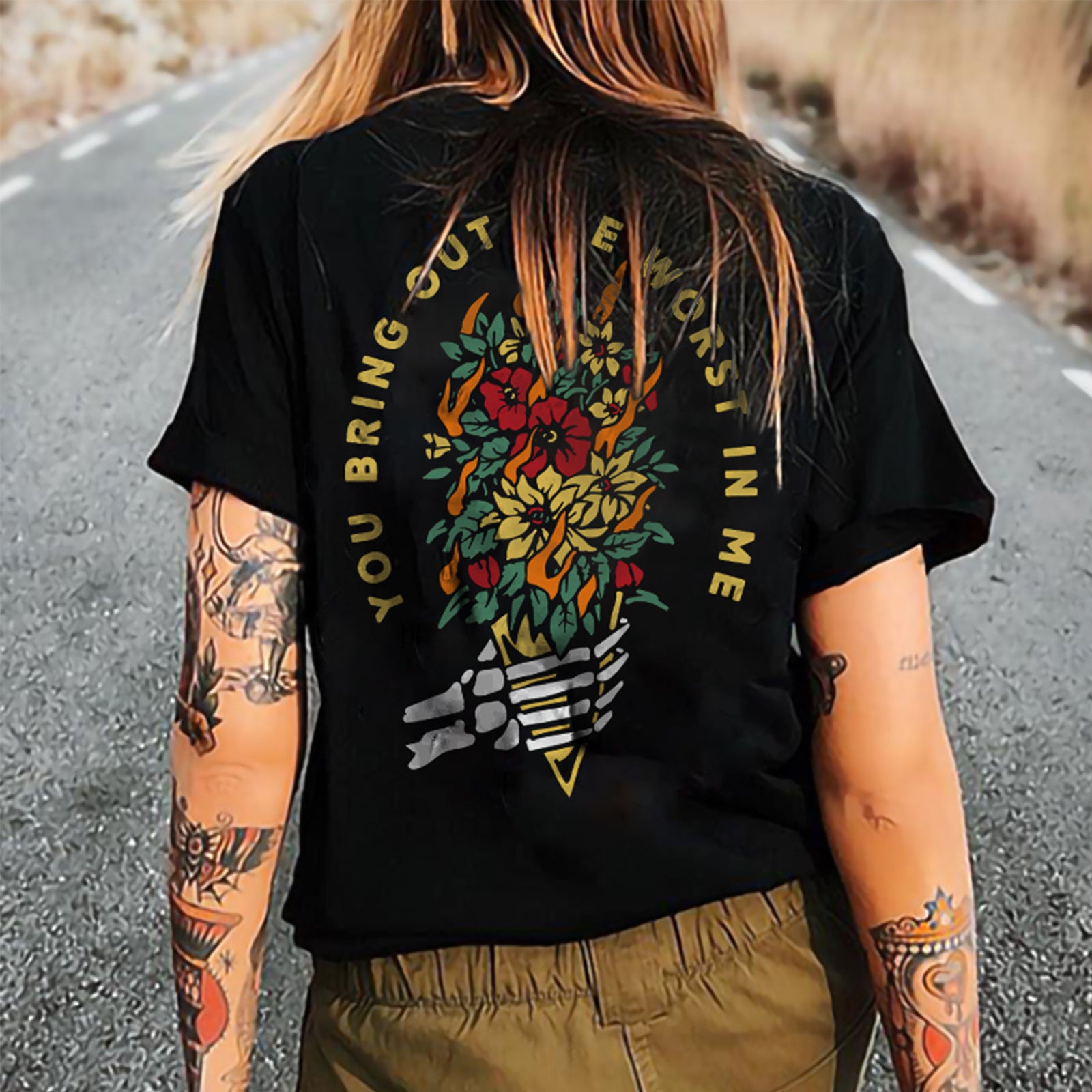 Minnieskull Art Skull Flower Graphic T Shirts - chicyea